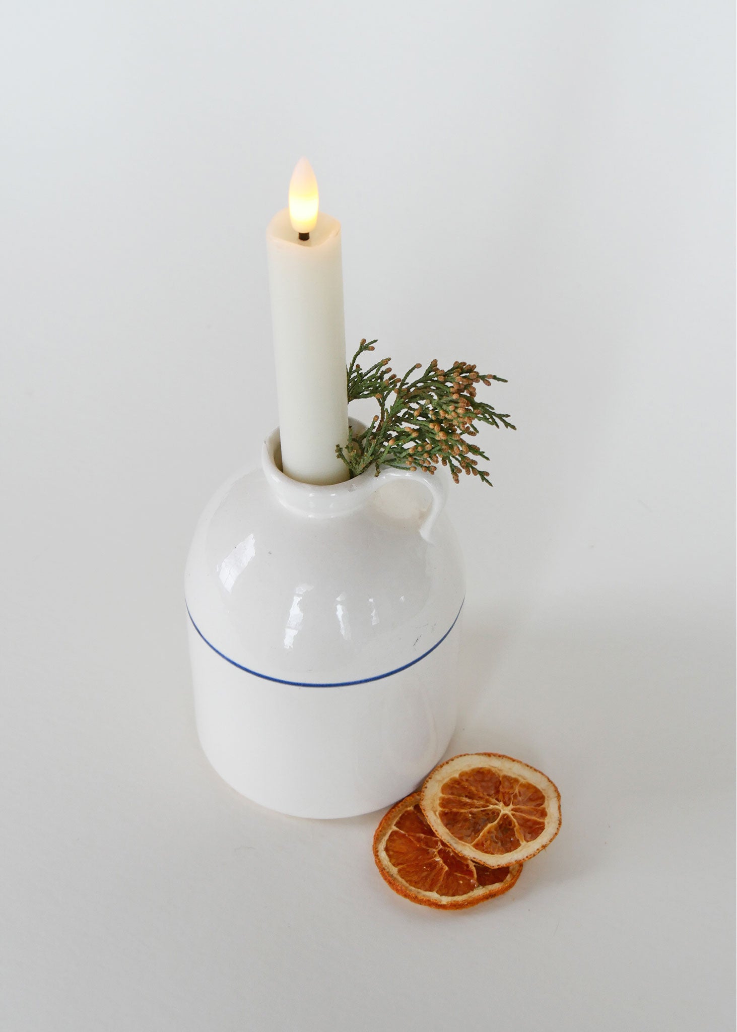 White Ceramic Jug with Blue Stripe, Farmhouse Jug, Farmhouse Ceramic, Farmhouse Pottery Jug, Farmhouse Candlestick Holder, Vintage Farmhouse DEcor