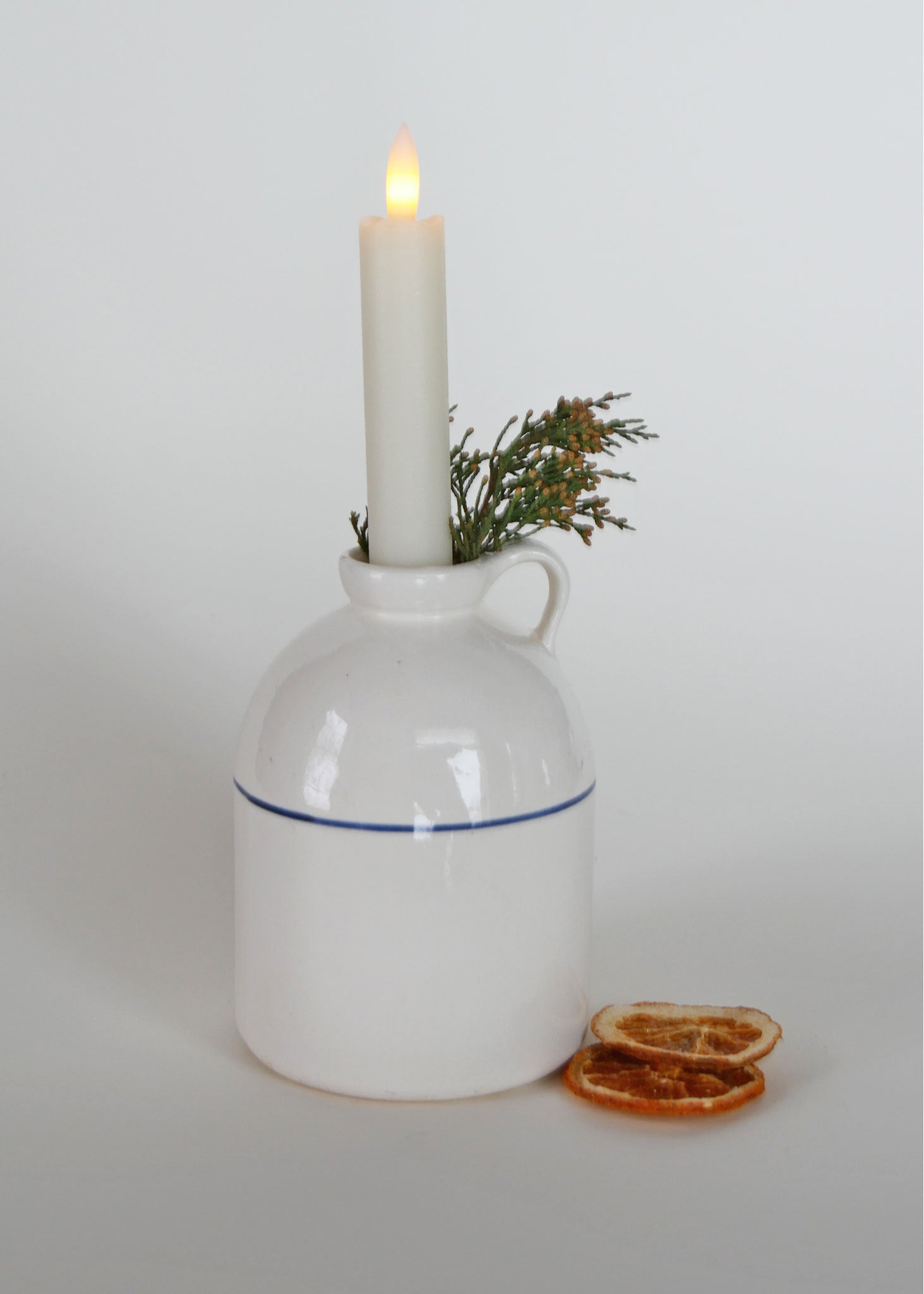 White Ceramic Jug with Blue Stripe, Farmhouse Jug, Farmhouse Ceramic, Farmhouse Pottery Jug, Farmhouse Candlestick Holder, Vintage Farmhouse DEcor