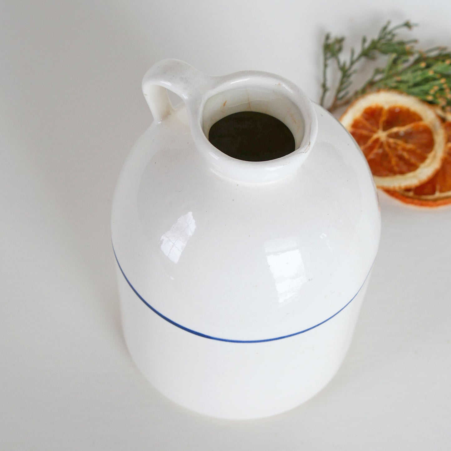 White Ceramic Jug with Blue Stripe, Farmhouse Jug, Farmhouse Ceramic, Farmhouse Pottery Jug, Farmhouse Candlestick Holder, Vintage Farmhouse DEcor