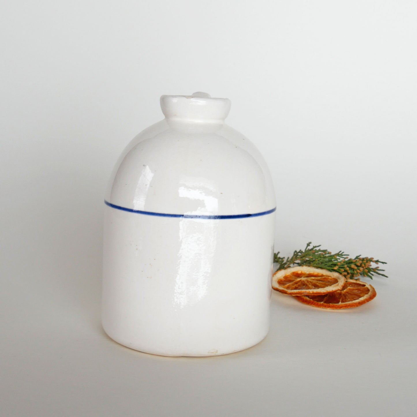 White Ceramic Jug with Blue Stripe, Farmhouse Jug, Farmhouse Ceramic, Farmhouse Pottery Jug, Farmhouse Candlestick Holder, Vintage Farmhouse DEcor