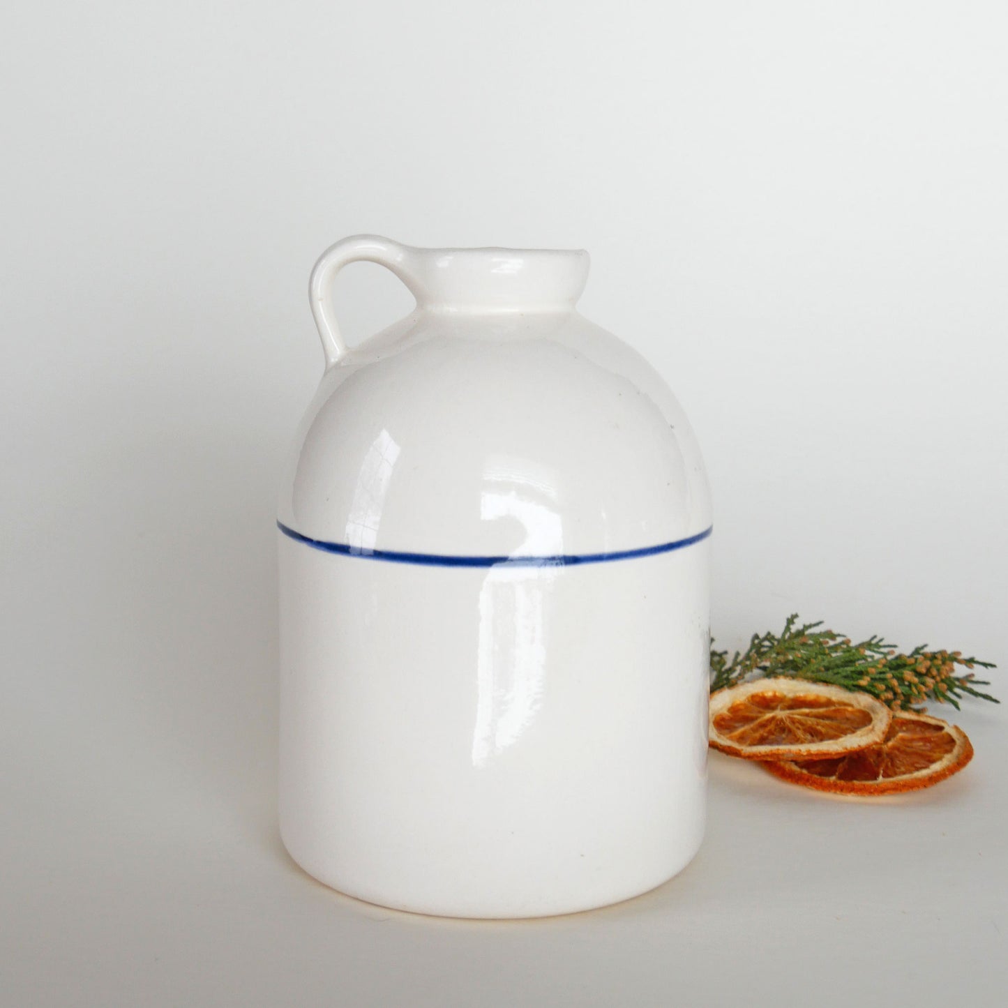 White Ceramic Jug with Blue Stripe, Farmhouse Jug, Farmhouse Ceramic, Farmhouse Pottery Jug, Farmhouse Candlestick Holder, Vintage Farmhouse DEcor