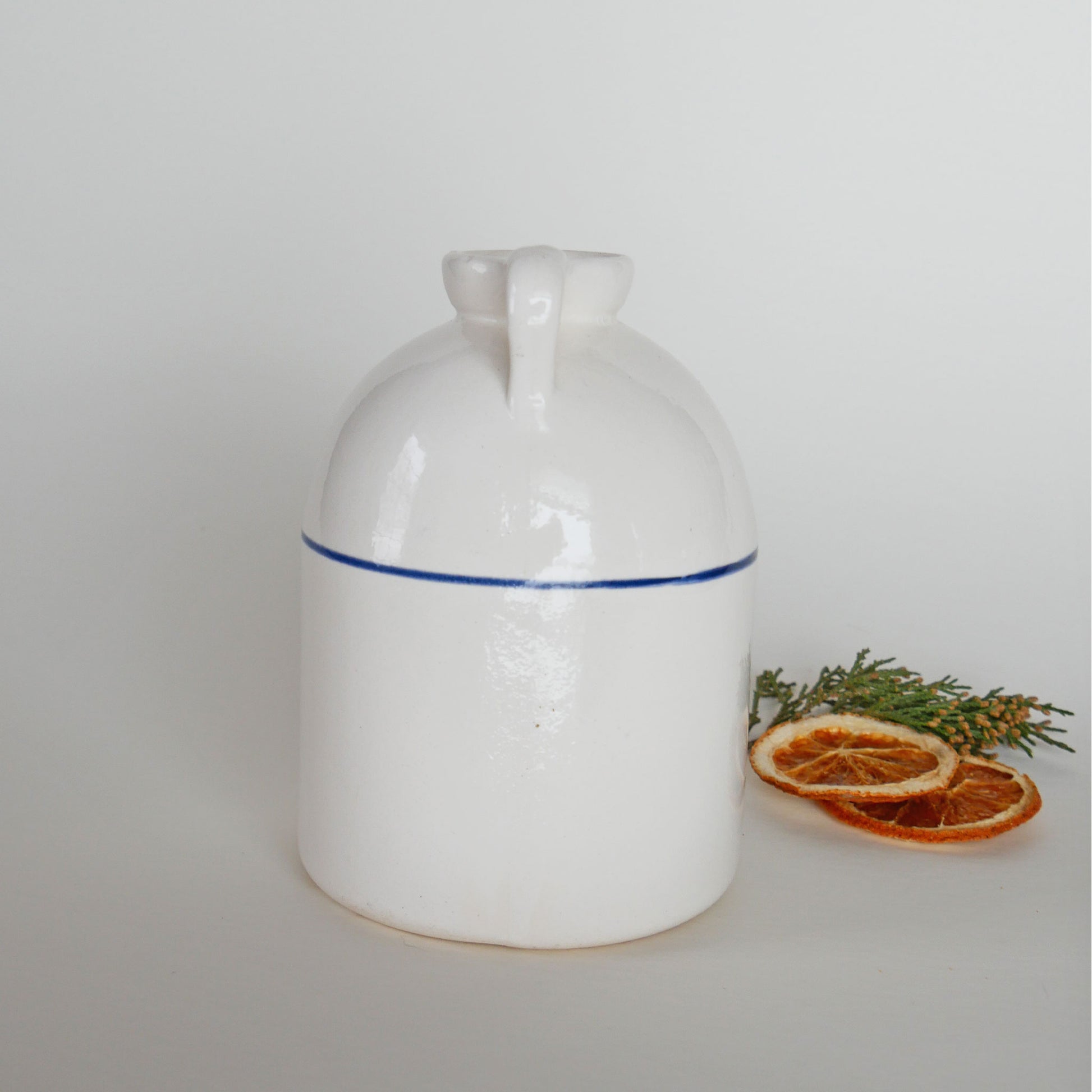 White Ceramic Jug with Blue Stripe, Farmhouse Jug, Farmhouse Ceramic, Farmhouse Pottery Jug, Farmhouse Candlestick Holder, Vintage Farmhouse DEcor