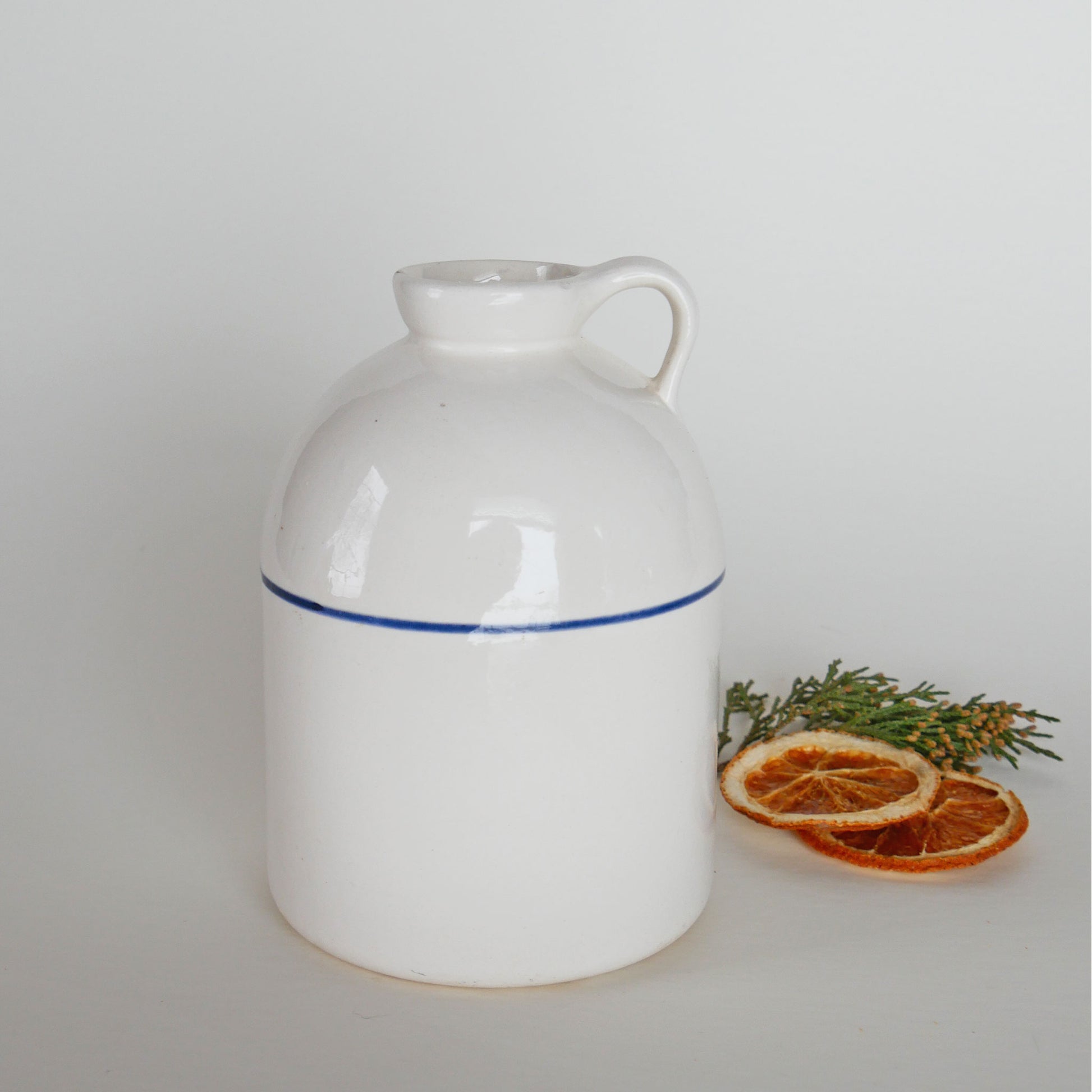 White Ceramic Jug with Blue Stripe, Farmhouse Jug, Farmhouse Ceramic, Farmhouse Pottery Jug, Farmhouse Candlestick Holder, Vintage Farmhouse DEcor