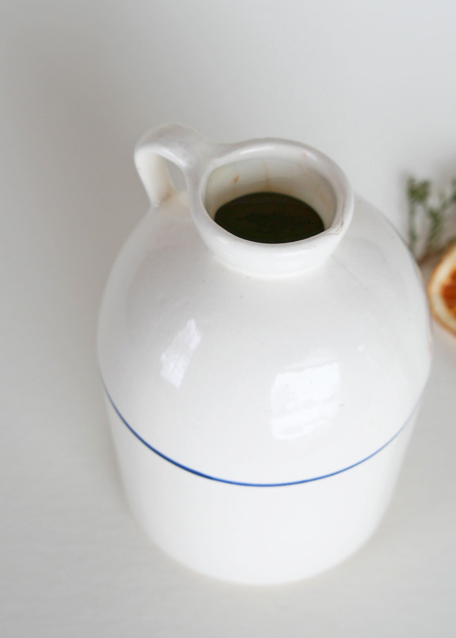 White Ceramic Jug with Blue Stripe, Farmhouse Jug, Farmhouse Ceramic, Farmhouse Pottery Jug, Farmhouse Candlestick Holder, Vintage Farmhouse DEcor