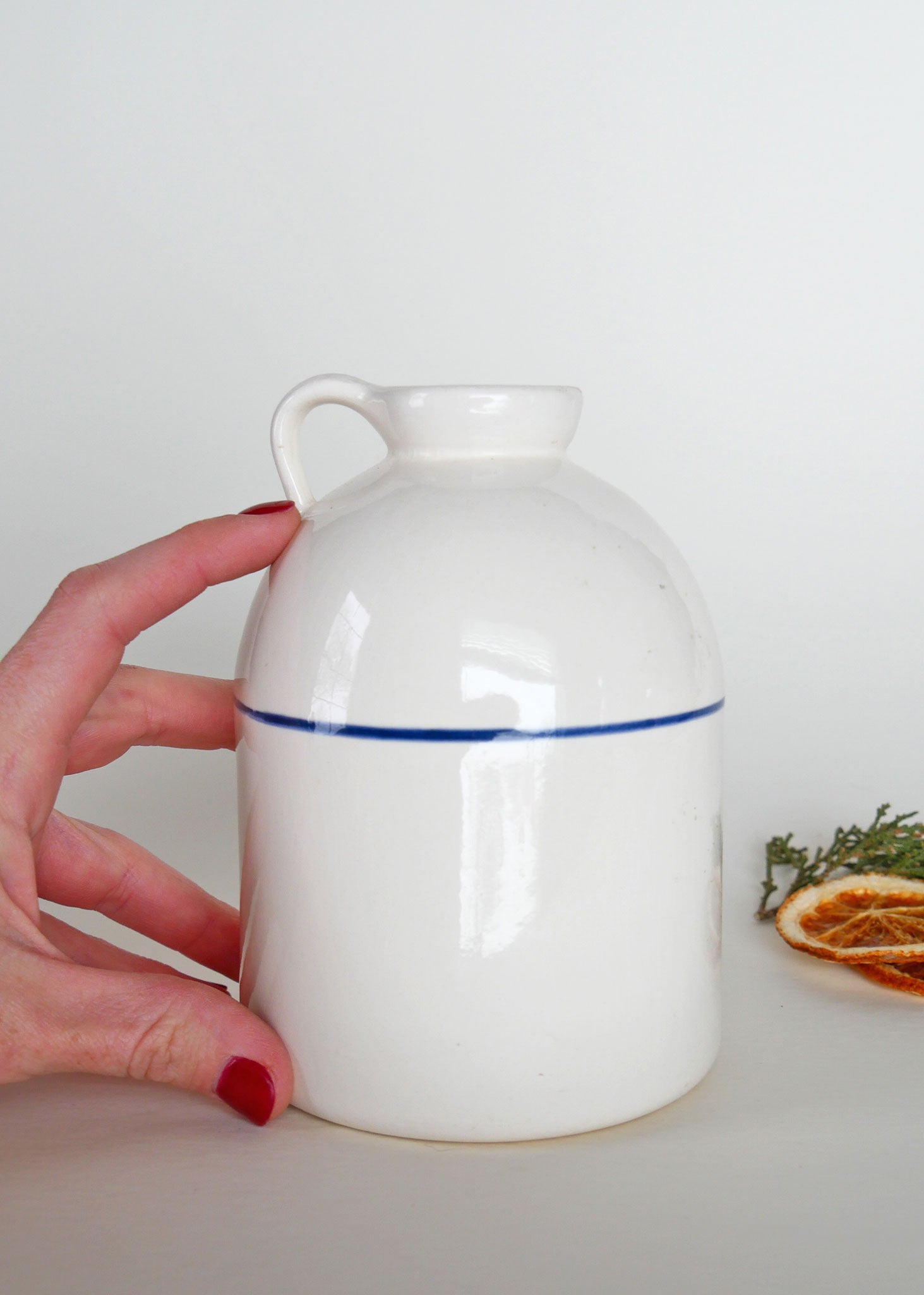 White Ceramic Jug with Blue Stripe, Farmhouse Jug, Farmhouse Ceramic, Farmhouse Pottery Jug, Farmhouse Candlestick Holder, Vintage Farmhouse DEcor