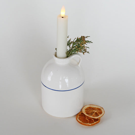 White Ceramic Jug with Blue Stripe, Farmhouse Jug, Farmhouse Ceramic, Farmhouse Pottery Jug, Farmhouse Candlestick Holder, Vintage Farmhouse DEcor