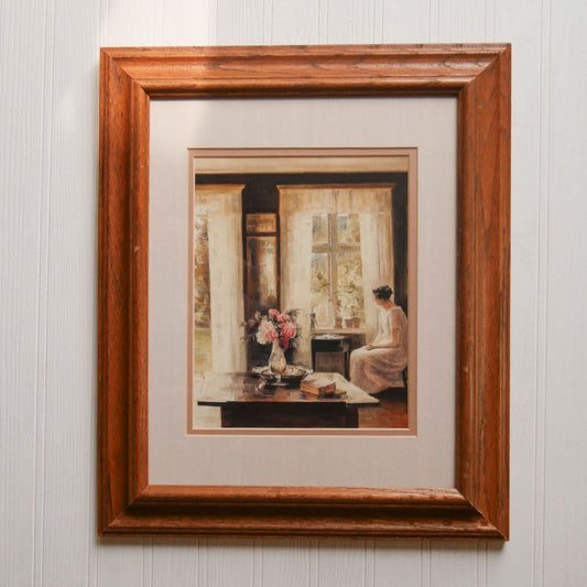 Woman by the Window Print with Vintage Oak Wood Frame