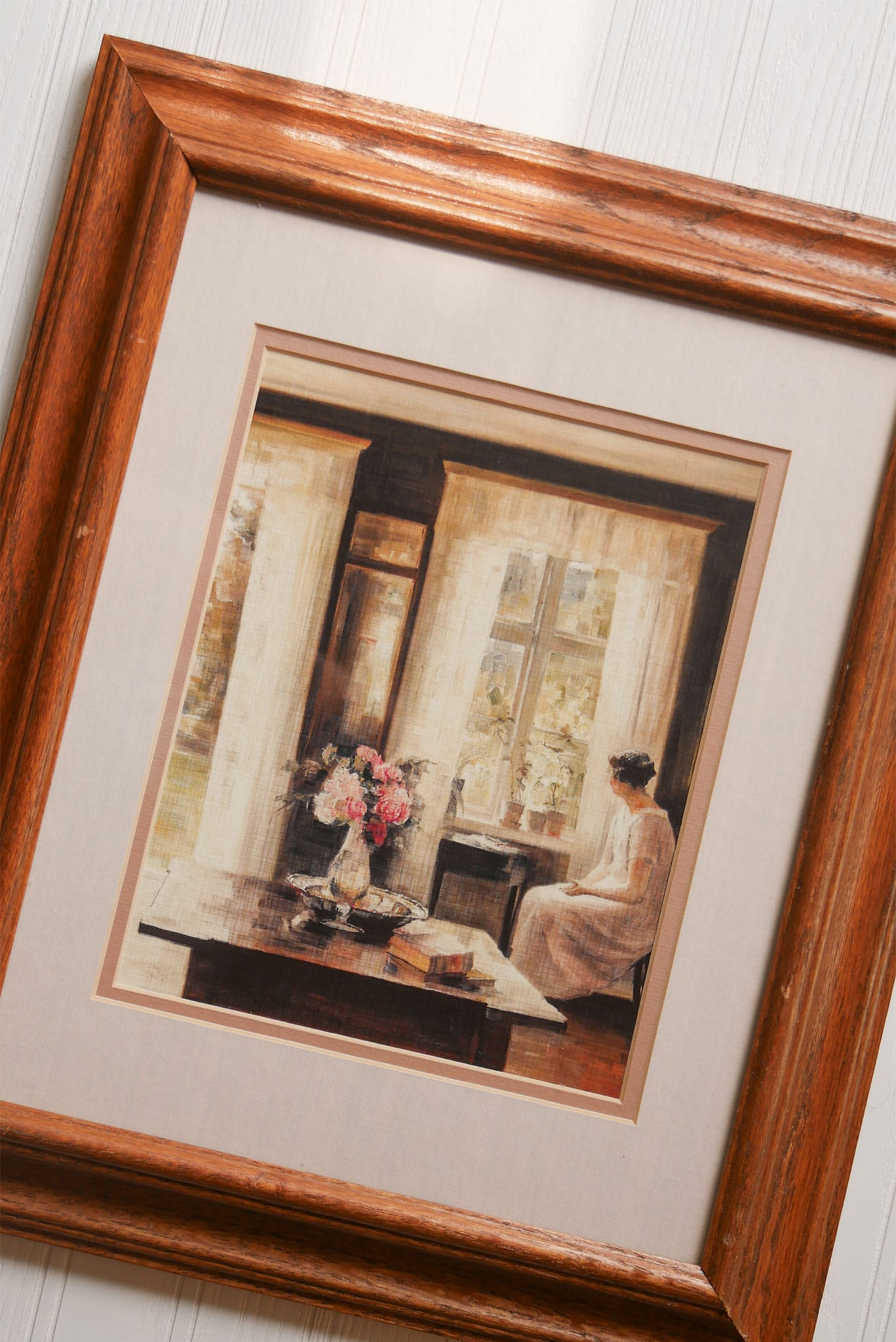 Woman by the Window Print with Vintage Oak Wood Frame