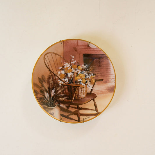 Vintage Floral Basket & Windsor Chair Decorative Plate, Farmhouse Plate Wall, Vintage Farmhouse Decorative Plate, Vintage Primitive Plate Decor, Vintage Plate Wall, Primitive Plate Wall