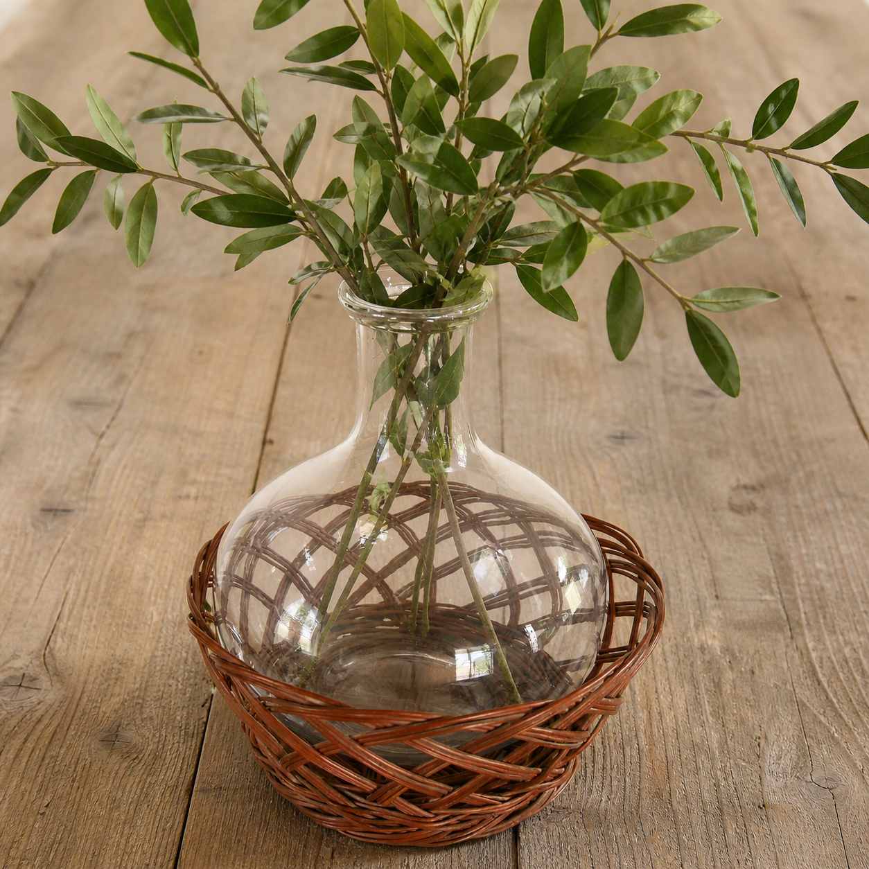 Vintage Glass Onion Vase with Rattan Wicker Holder, Primitive Wicker and Vase Set, VIntage Wicker and Vase, VIntage Demijohn, VIntage Wicker Vase, VIntage Basket and Glass Vase, VIntage Farmhouse Kitchen, Vintage Farmhouse Dining