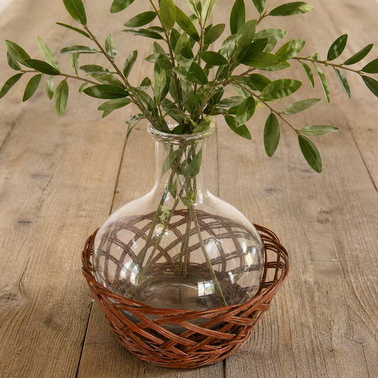 Vintage Glass Onion Vase with Rattan Wicker Holder, Primitive Wicker and Vase Set, VIntage Wicker and Vase, VIntage Demijohn, VIntage Wicker Vase, VIntage Basket and Glass Vase, VIntage Farmhouse Kitchen, Vintage Farmhouse Dining